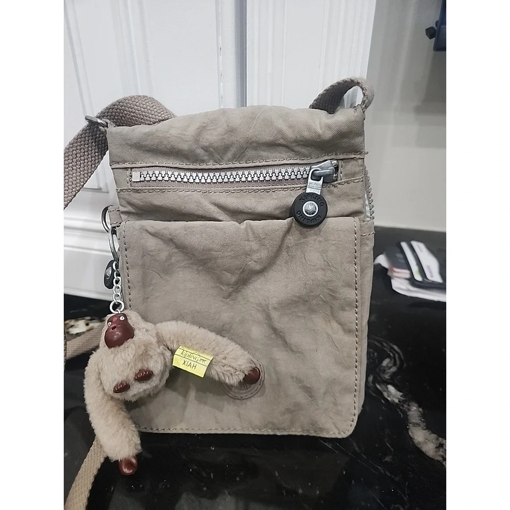 Kipling Crossbody Shoulder Bag Tan Nylon with Plush Monkey Keychain 